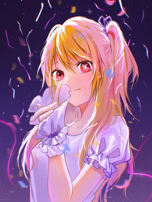 Ruby Hoshino from Oshi no Ko smiling with star eyes