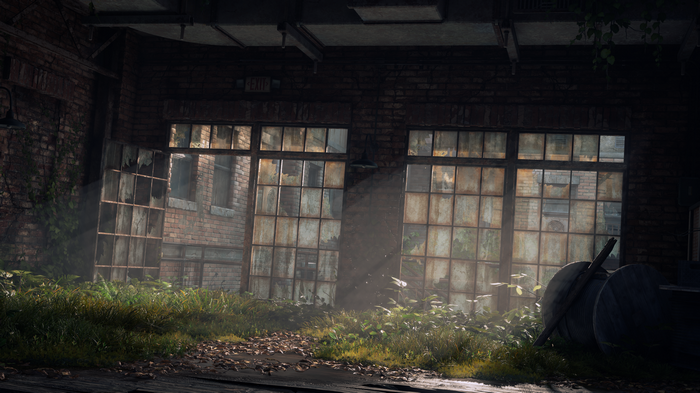 Abandoned building interior with broken windows