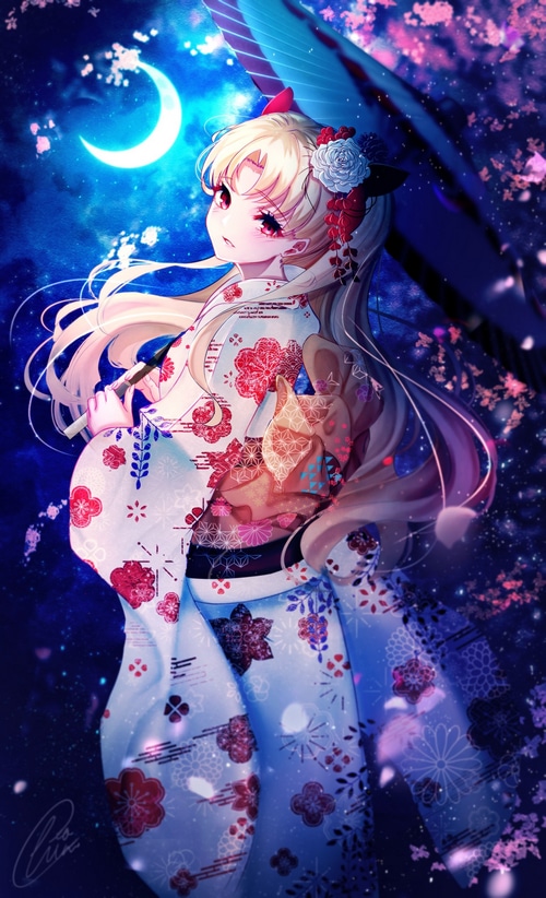 Ereshkigal in Kimono Under the Crescent Moon