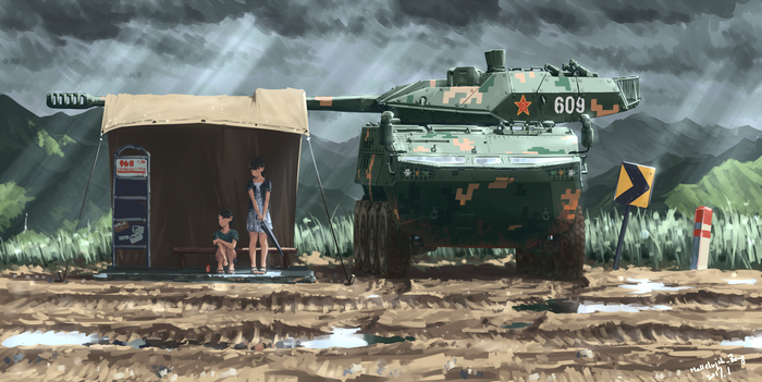 Two children by a tent next to a Chinese military vehicle