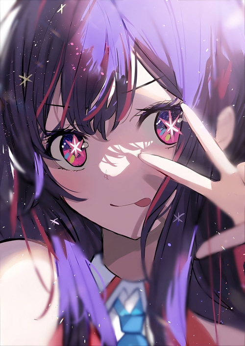 tongue out, Oshi no Ko, hand gesture, multi-colored eyes, face, star ...