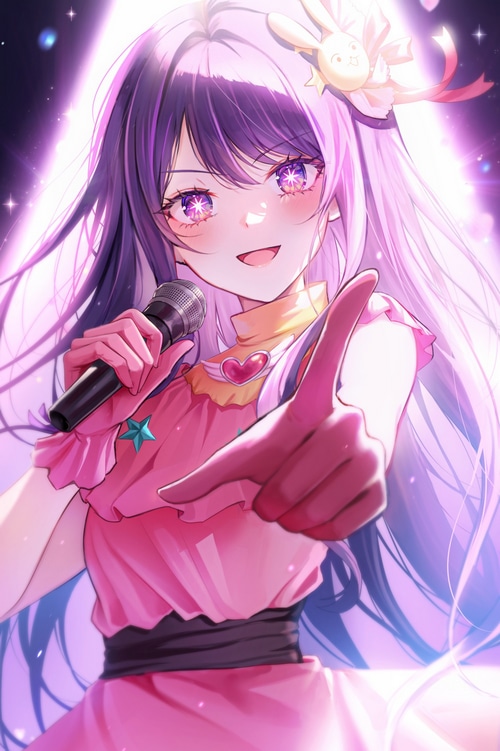 Hoshino Ai from Oshi no Ko singing with a microphone