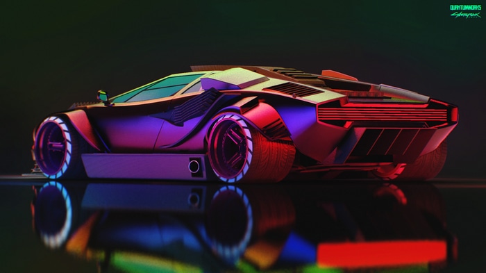 Cyberpunk 2077 car with colorful lighting and reflection