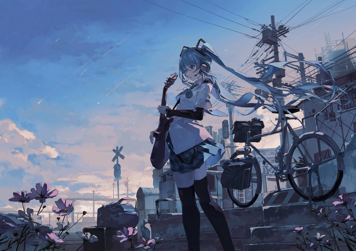 Hatsune Miku with Guitar and Bicycle Under Shooting Stars
