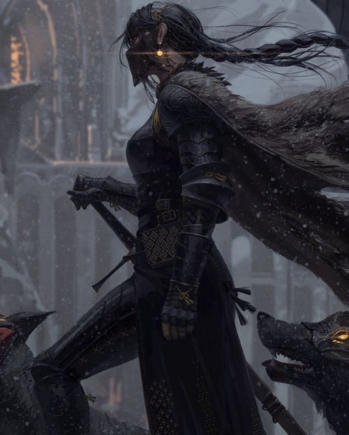 Fantasy warrior woman with mask and wolves