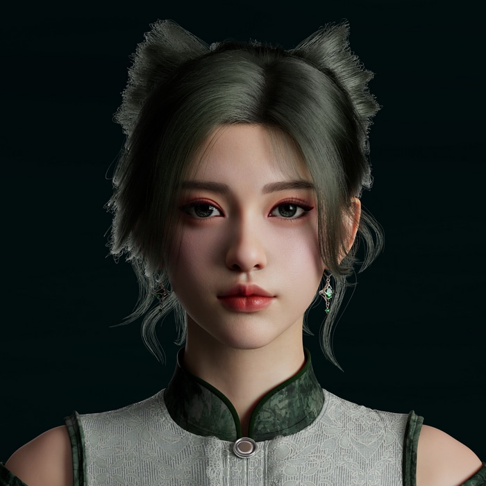 Asian woman with dark hair and cat ears