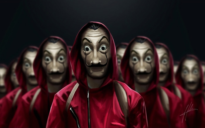 Money Heist characters in red jumpsuits and masks