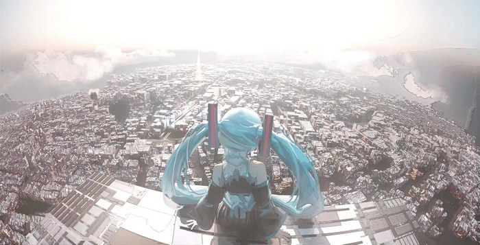 Hatsune Miku overlooking a sprawling cityscape at sunrise