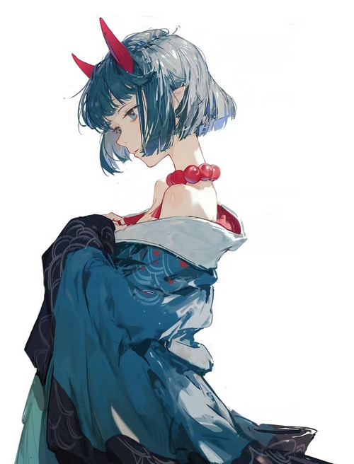 Anime girl with red horns and kimono