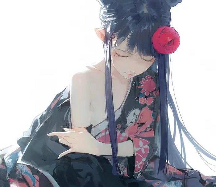 Ninomae Ina'nis wearing a kimono with a rose in her hair