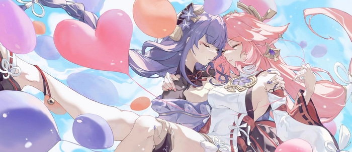 Raiden Shogun and Yae Miko with Heart Balloons