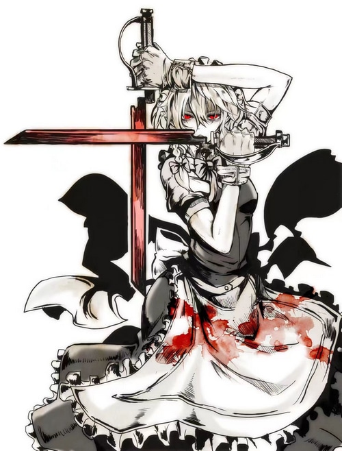 Izayoi Sakuya with bloody knife and sword