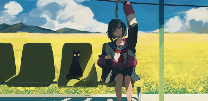 Girl with Black Cat at a Bus Stop with Fish