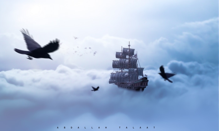 Pirate ship and birds flying through clouds