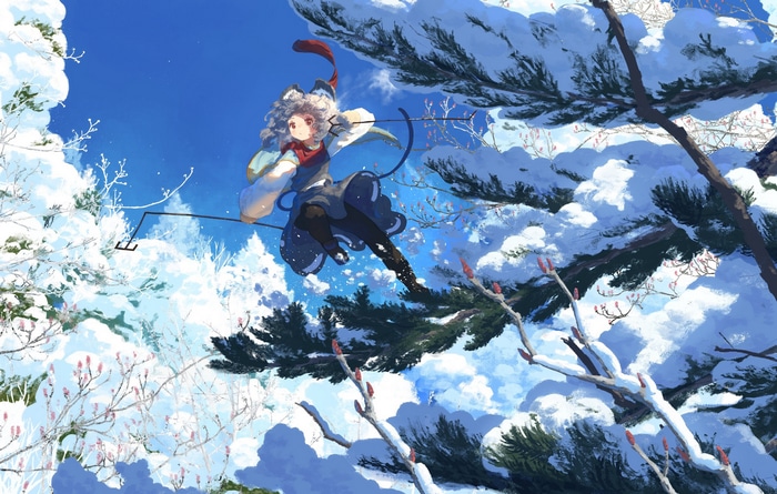 Nazrin in a snowy forest with a bow
