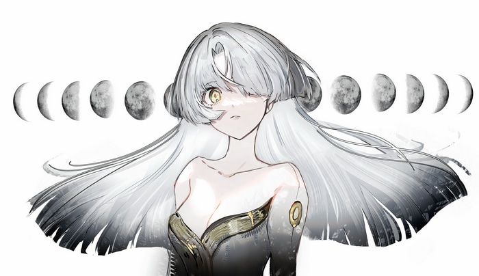 Anime girl with white hair and yellow eyes with moon phases