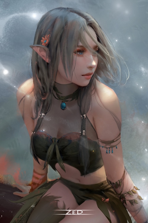 Fantasy elf girl with blue eyes and flower in hair