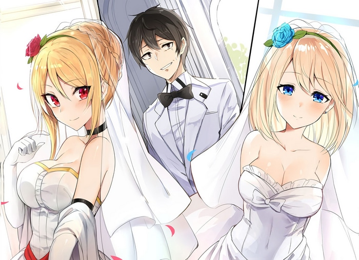 Olivia and Angelica in wedding dresses with a man