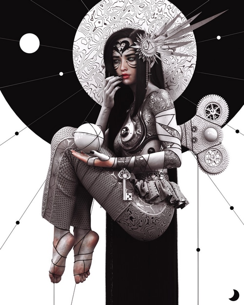 Fantasy mechanical doll with intricate body art