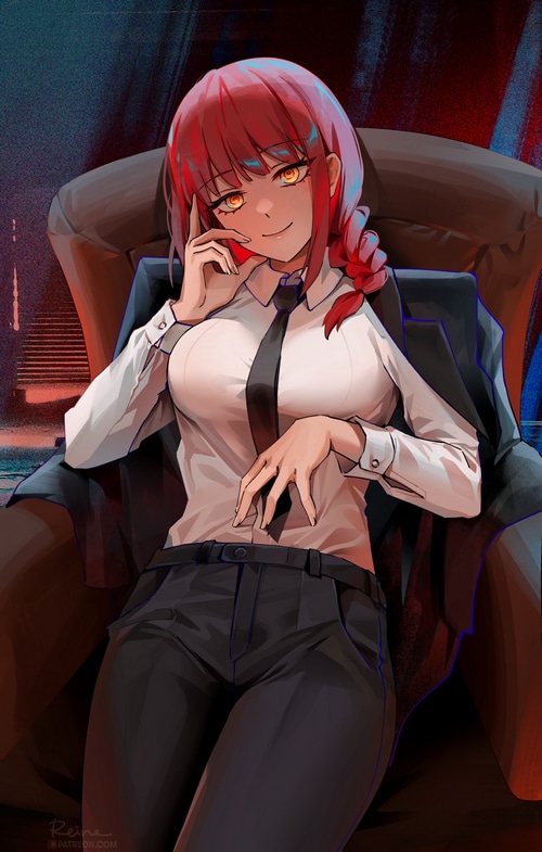 Makima from Chainsaw Man sitting in a chair