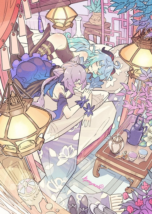 Keqing and Ganyu sleeping on a bed