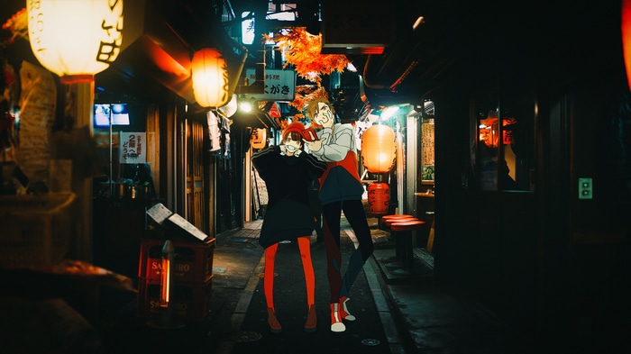 Anime couple in a Japanese alley at night