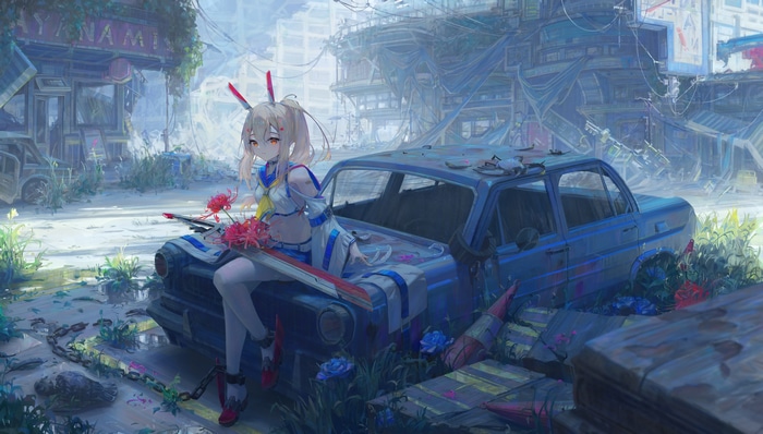 Ayanami sits on a destroyed car in a ruined city