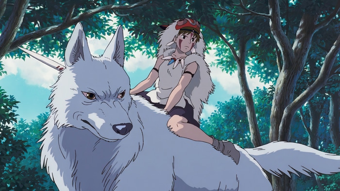 Princess Mononoke riding a wolf in a forest