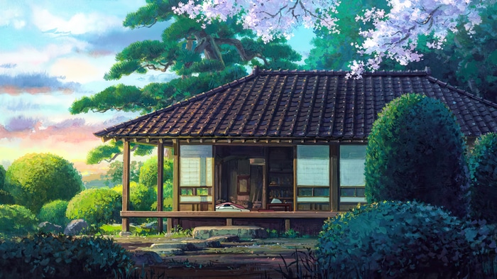 The Wind Rises animated film still of a house