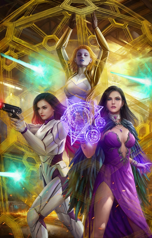 Women with guns and magic in fantasy art by Mario Wibisono