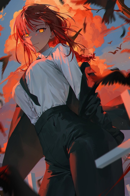 Makima from Chainsaw Man with yellow eyes and birds