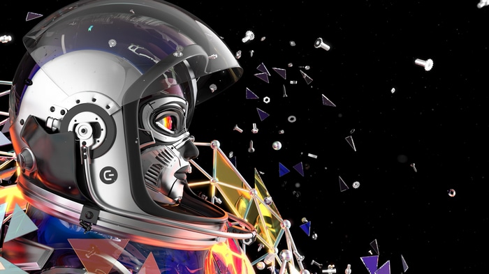 Robot astronaut with computer parts and triangles