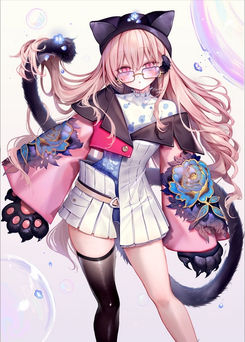 Cat girl with pink hair and glasses