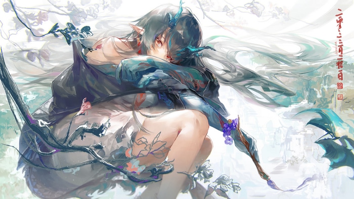 4K Arknights Dusk with Dragon Horns and Pointy Ears