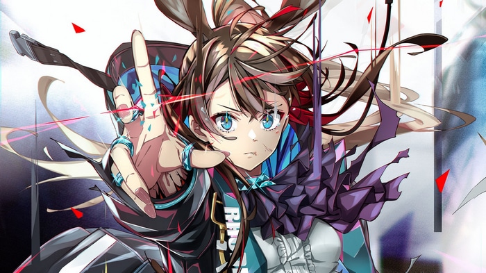 Amiya from Arknights with blue eyes and brunette hair