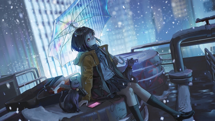 Girl with umbrella and cats on a snowy rooftop