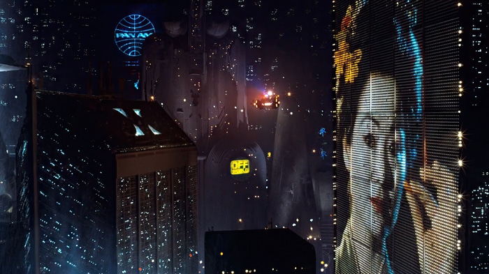 Blade Runner futuristic city with Pan Am advertisement