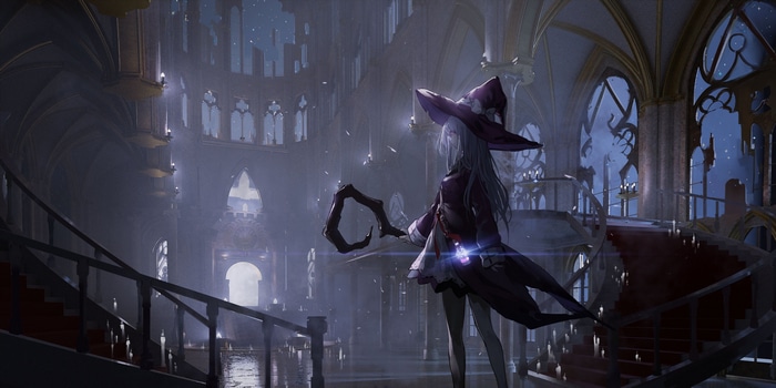 Witch with Wand in Grand Hall with Candles