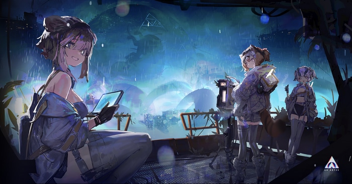 Three anime girls in futuristic rain gear