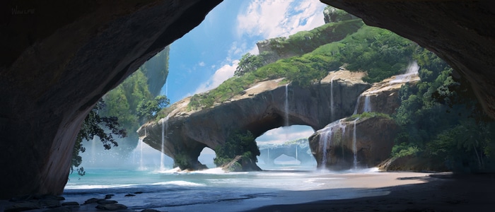4K tropical island with waterfalls and caves