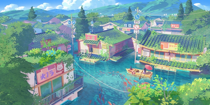 Anime cityscape with flooded streets and koi fish