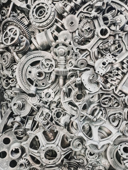 Monochrome collage of mechanical parts and gears