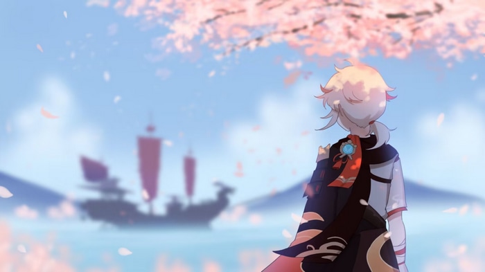 Kaedehara Kazuha from Genshin Impact with cherry blossoms