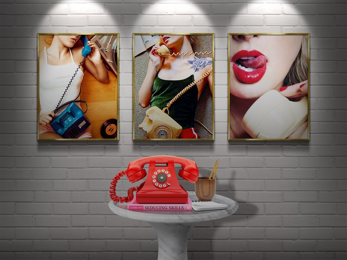 Three framed photos of women on the phone
