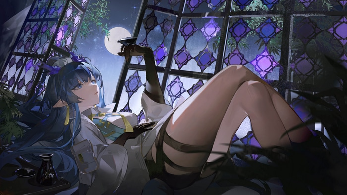 Ling from Arknights lying down by a window