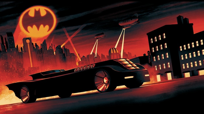 Batman and Batmobile in Gotham City at night