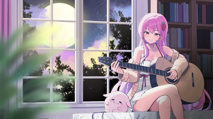 Girl with pink hair playing guitar by the window