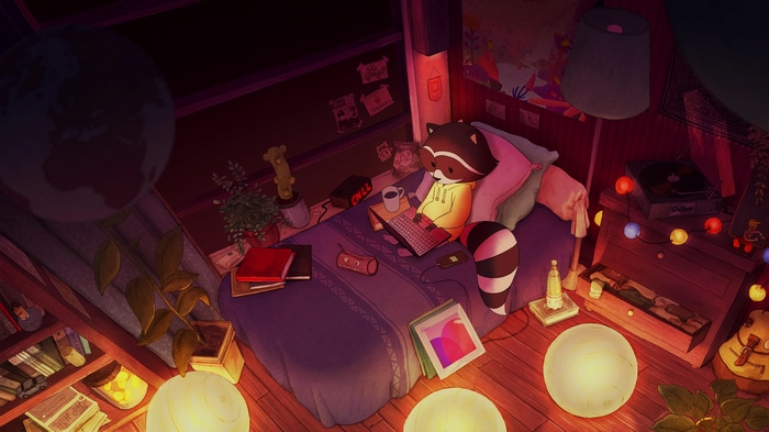 Raccoon on bed with laptop and vinyl player