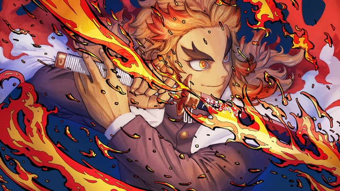 Rengoku Kyoujurou from Kimetsu no Yaiba with fiery sword