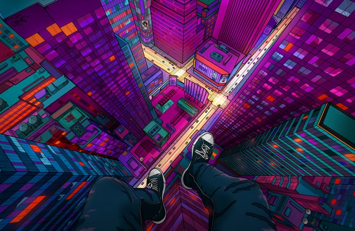 POV aerial view of a neon city at night